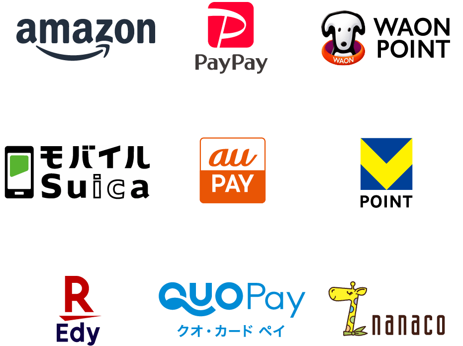 amazon, PayPay, WAON POINT, モバイルSuica, au PAY, V-POINT, Rakuten Edy, QuoPay, nanaco